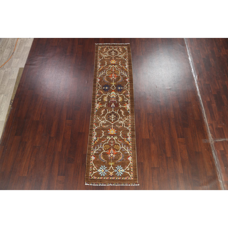 Tapis de couloir brun en laine noué à la main de conception unique 2 pi 8 po x 10 pi 2 po Lucindia