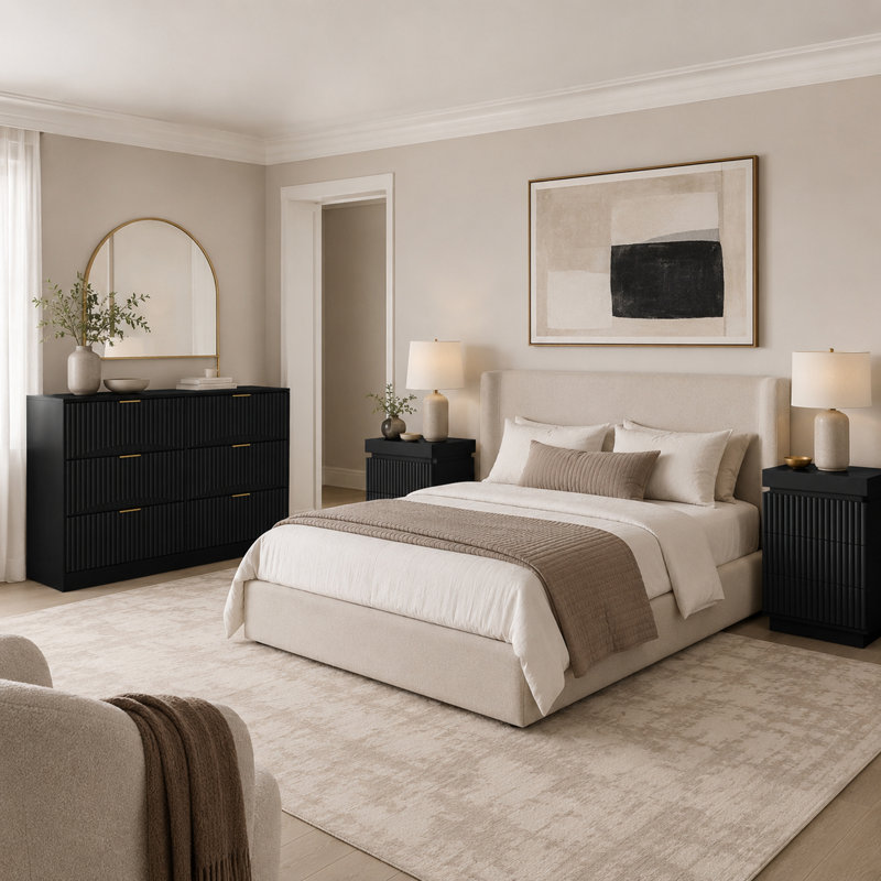 Ensemble de chambre à coucher moderne 3 pièces avec commode 6 tiroirs et 2 tables de bout, tables d'appoint USB-C