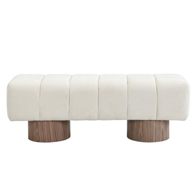 Upholstered Dining Bench For Dining Room, No-Assembly End Of Bed Entryway Bench Ottoman For Bedroom Living Room, Beige Chenille Fabric Stool Top Wood Leg 300 LBS Weight Capacity