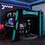 Lit mezzanine double en bois de couleur bleu nuage avec rangement sous le comptoir, éclairage et bureau latéral pour un espace de jeu parfait.