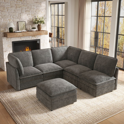 Canapé modulable 6 places de 310 cm de large avec poufs, montage facile sans outils, tissu chenille
