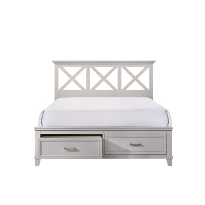 Très grand lit de rangement gris avec tête de lit en X pour un style de chambre à coucher avec des matériaux de qualité conçus