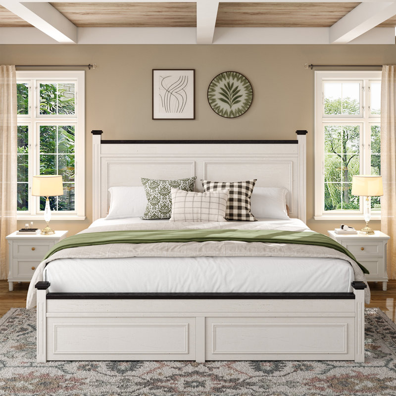 High Headboard Bed With 2 Underbed Storage Drawers - Black And White Panel Design，full/queen/king, King