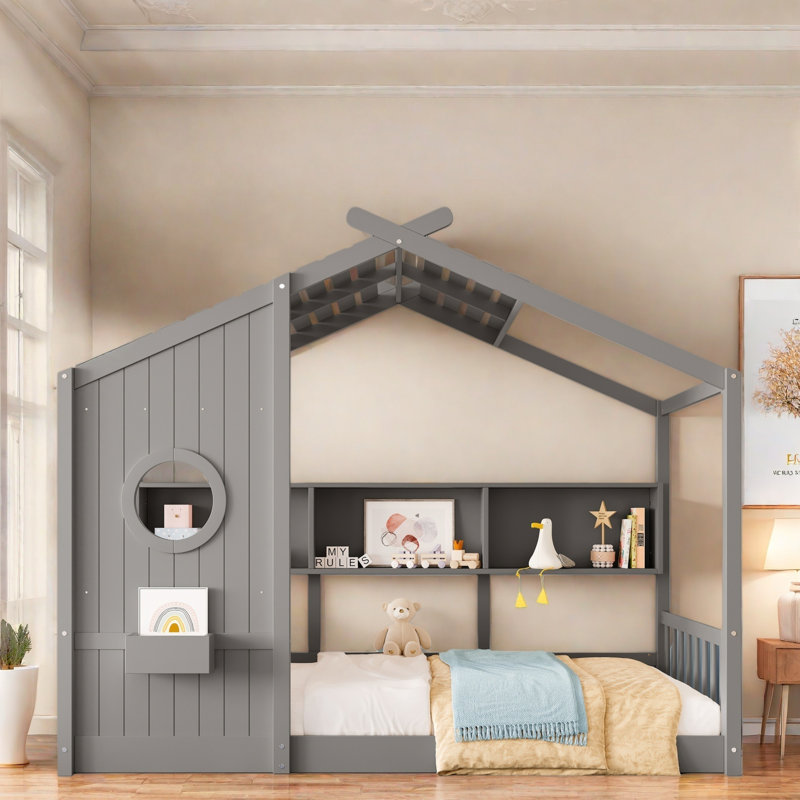 Lit sur pied avec tablettes de rangement, Simple, Gris