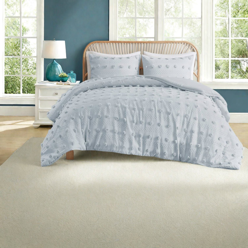 de literie pour lit simple / simple TG, jacquard en polyester avec détails à pompons, bleu