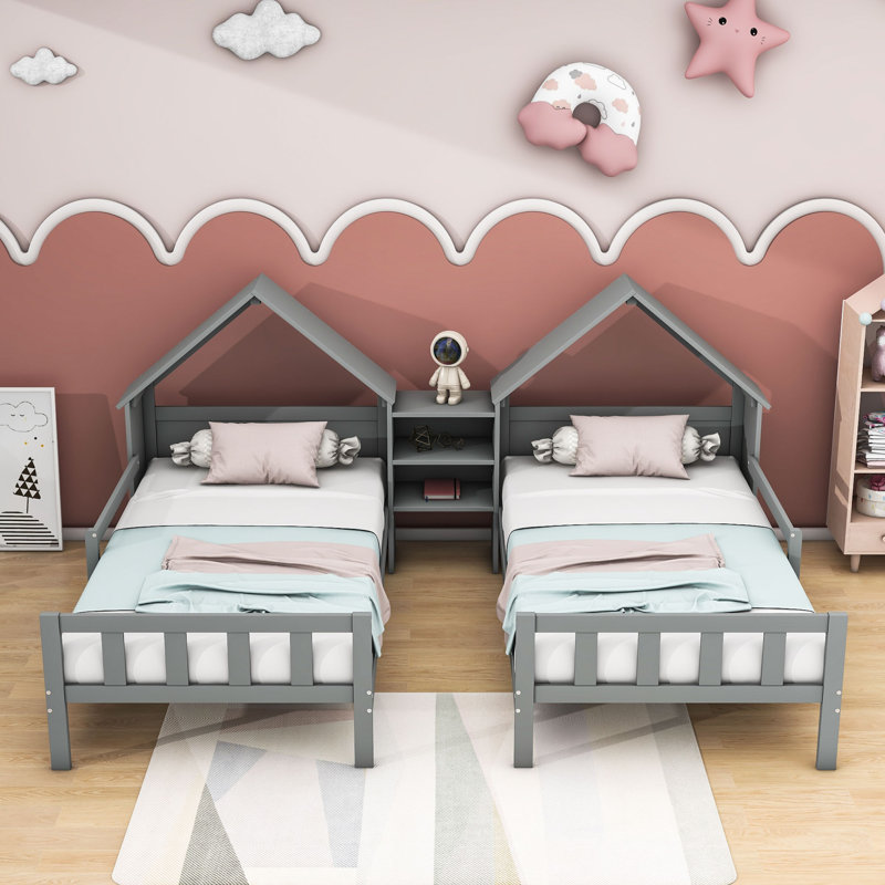 Daebreona Double Twin Platform Bed with House-shaped Headboard and a Built-in Nightstand, Grey
