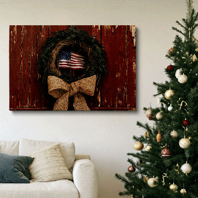 American Flag Wreath Country Farmhouse Canvas Wall Art Gallery Wrapped for Living Room