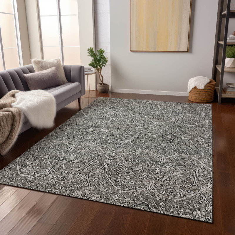 Machine Washable Indoor/Outdoor Christain ACN1223 Pewter Rug, Rectangle 3' x 5'