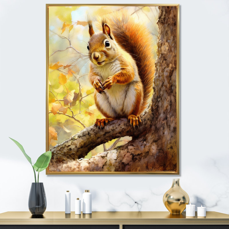 Écureuil vif IV sur toile, H 32 po x l 24 po x P 1 po, Cadre flottant doré