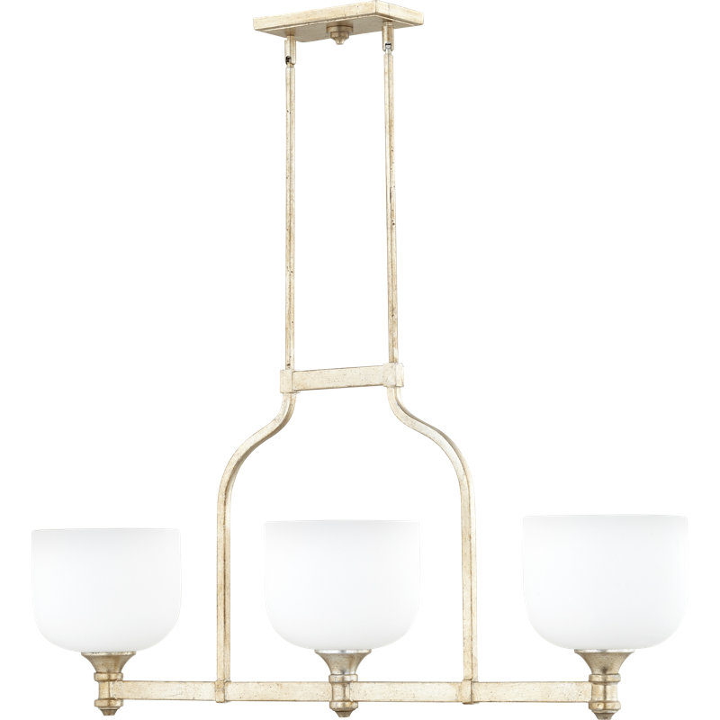 Luminaire suspendu linéaire pour îlot de cuisine 3 lumières Falbo, Feuille argentée vieillie