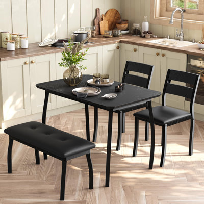 5 Piece Dining Table Set for 4, Metal Frame Table, Padded Chairs & Bench, Farmhouse Kitchen Dining Furniture