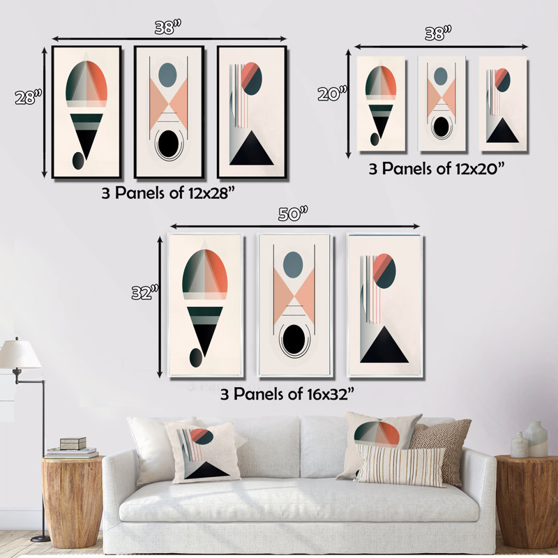 Visionary Retro Moon Geometric Minimalism - Transitional Art Set Of 3 Pieces, Cadre noir, H 40 po x l 60 po