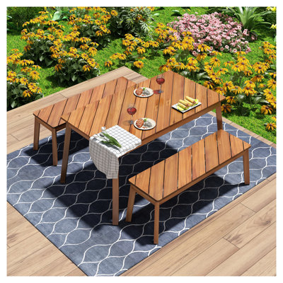 Ensemble de salle à manger d'extérieur 3 pièces en bois d'acacia avec table et 2 bancs pour terrasse, jardin et piscine