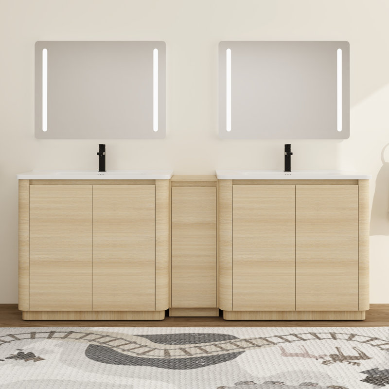 Ensemble de meuble-lavabo double 84 po avec plateau en céramique Ornar, meuble-lavabo double autoportant avec lavabo en céramique