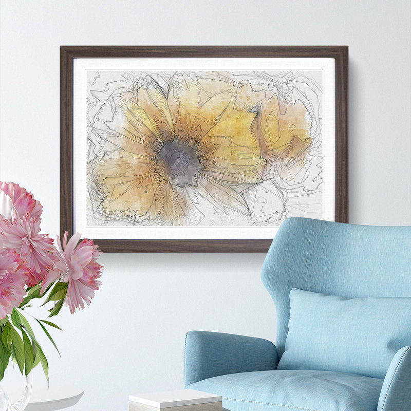 Yellow Coneflowers in Abstract - Picture Frame Graphic Art Print, 35cm H x 50cm W x 2cm D, Walnut