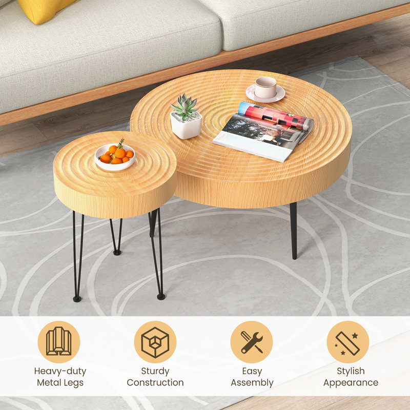 Round Natural Wood and Metal Nesting Coffee Table Set
