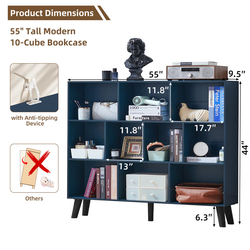 10 Cube Bookshelf,3 Tier Modern Wide Bookcase With Legs,Mid-Century Wood Bookshelves Storage，Retro Grey Large Book Case,Freestanding Organizer Display Shelf For Bedroom,Living Room,Office