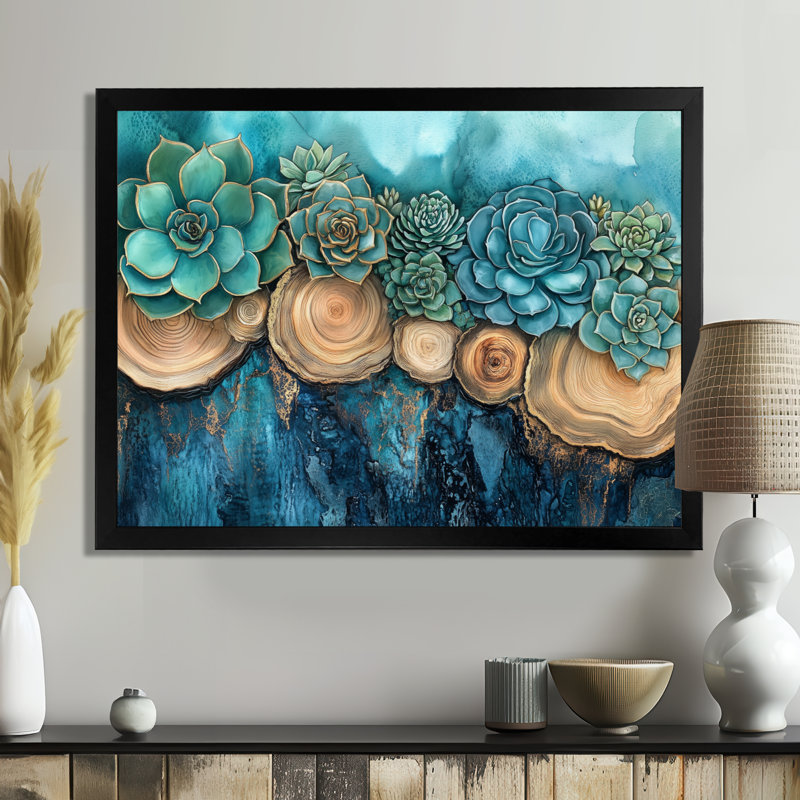 Succulentes turquoise et bois flotté I - Impression sur toile encadrée à thème botanique, H 12 po x l 20 po, Cadre photo noir