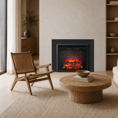 Foyer électrique encastrable Breena 26 po avec trousse de finition, crépitement de feu, bûches en résine, porte vitrée et grille de protection, chauffage 750/1500 W, noir, par Puraflame