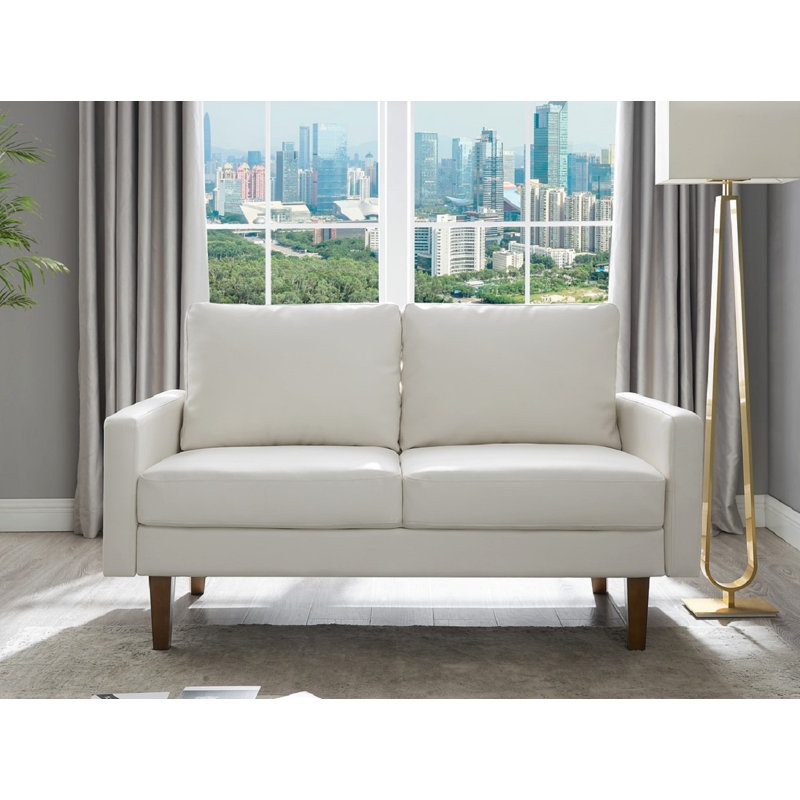 Qulllon 57.9'' Faux Leather Loveseat, Cream Faux Leather
