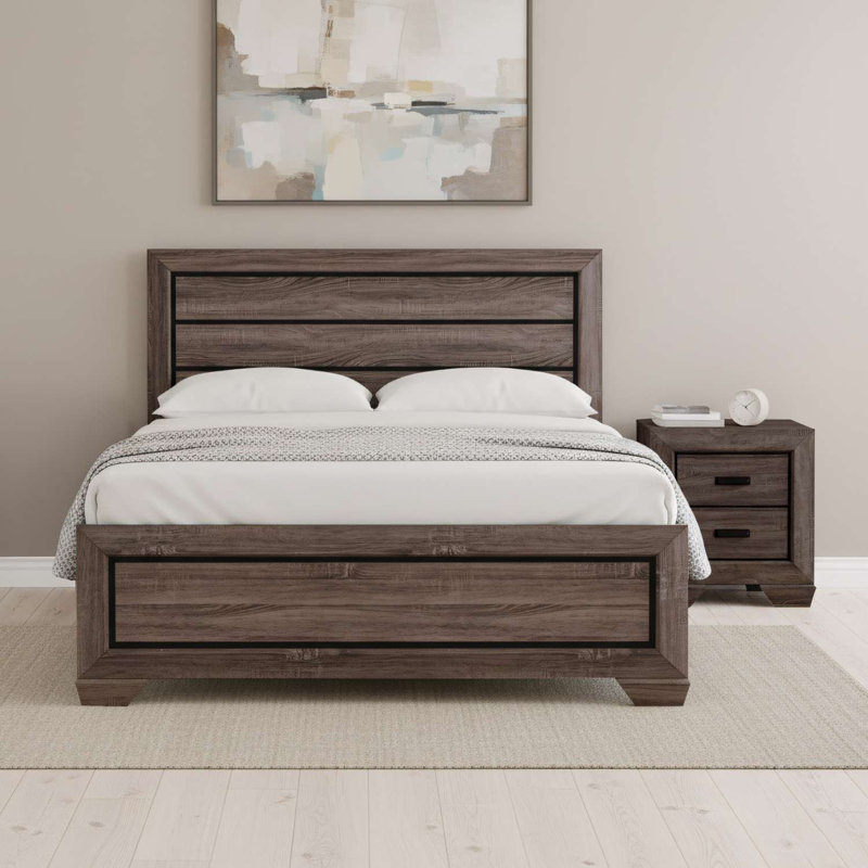Ensemble de chambre à coucher 2 pièces avec grand lit et table de chevet en bois brun patiné, Grand