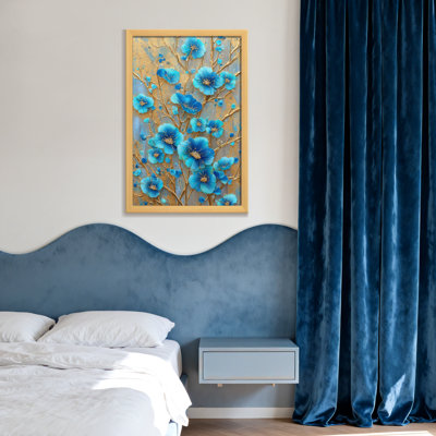 «Plants & Flowers Blue Flowers On Golden Branches», reproduction d'art