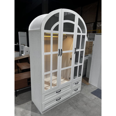 Armoire en bois arqué 77,8 po H 2 portes vintage, garde-robe à détecteur de mouvement à DEL avec portes en verre à carreaux, tringle à vêtements robuste, armoire de rangement pour vêtements autoportante