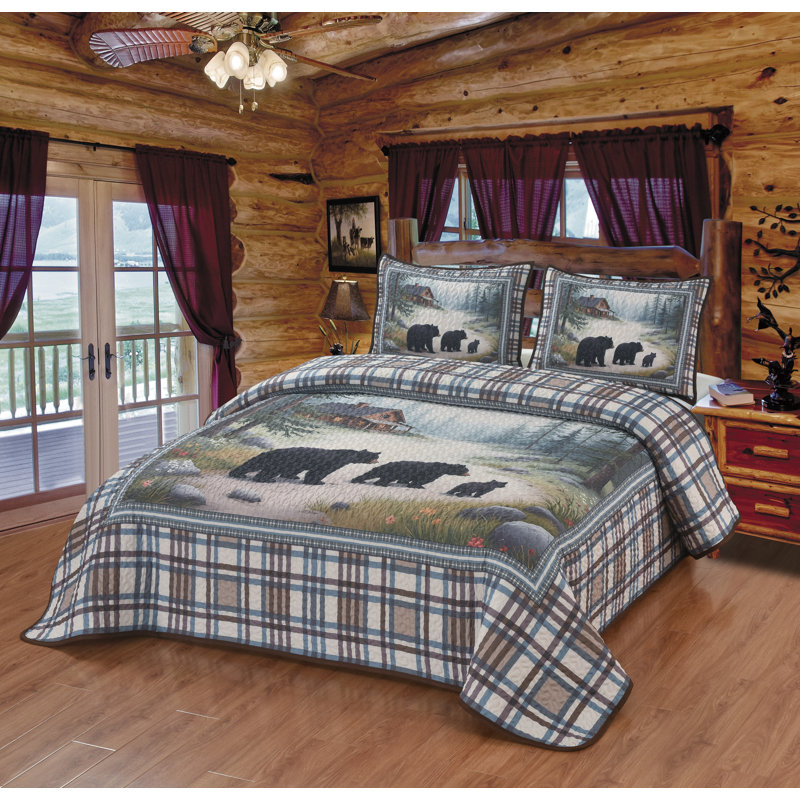 COUVERTURE QUEEN AVEC 2 TAIES D'OREILLER BEAR FAMILY CABIN TRAIL
