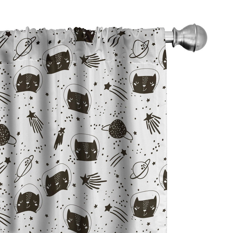 Black and White Space Cat Pattern Rod Pocket Curtains