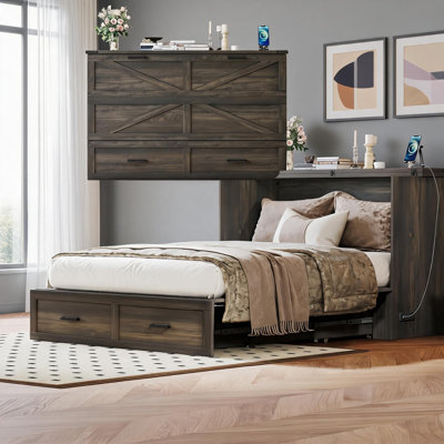 Solid Wood Murphy Cabinet Platform Bed, Space-Saving for Small Bedrooms and Guest Rooms, Slate Gray Queen Size with Built-In Charging Station