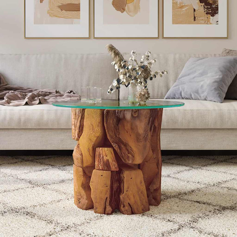 vidaXL Rustic Round Coffee Table, Solid Teak Driftwood Base with Tempered Glass Top, Handmade, Unique Modern Design, 23.6" Diameter, Brown