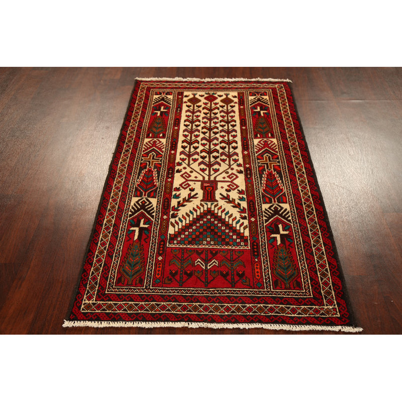 Tapis zone en laine ivoire/rouge 3 pi 4 po x 5 pi 8 po one-of-kind-noué la à la main new age balouch Marlen