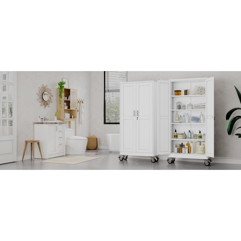 Durable Steel Garage Storage Cabinet with Wheels, Tool Cabinet Rolling with Adjustable Shelves, White 
