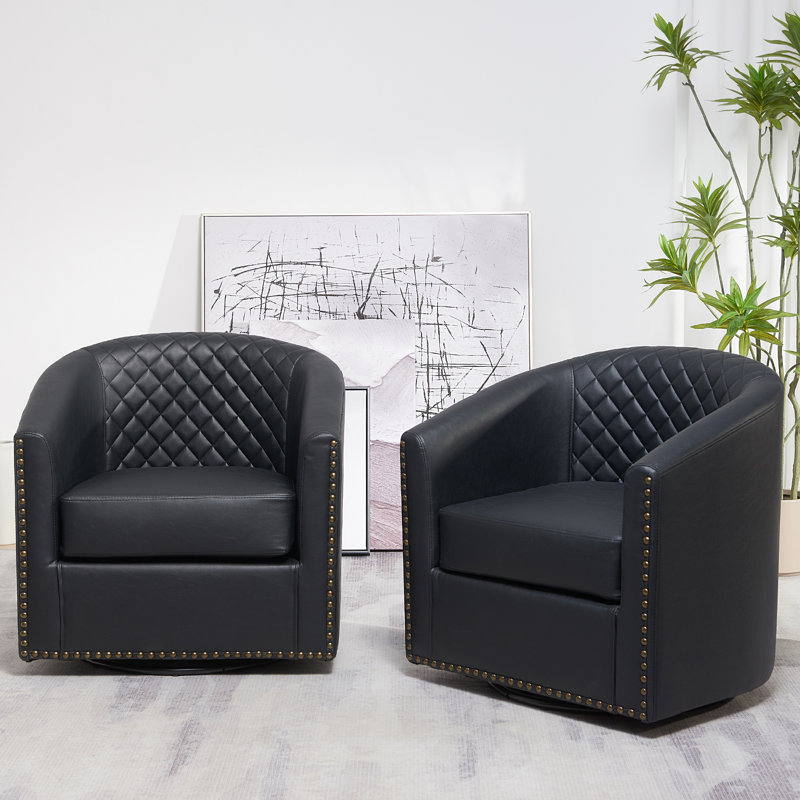 Boney 29" W Water Resistant Faux Leather Swivel Barrel Chair (Set of 2), Black Faux Leather