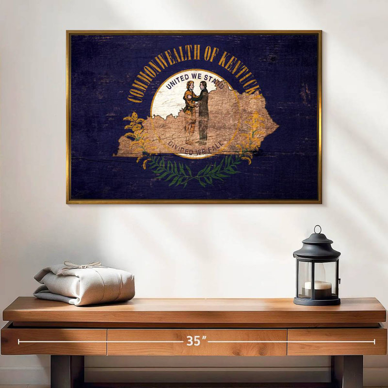 Carte de l'État sur le drapeau du Kentucky, 25 po x 17 po, Cadre flottant doré
