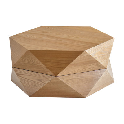 Table basse 36,61 po de style rétro avec plateau rabattable Polygon, avec plateau rabattable pour un accès pratique, rangement caché, table basse cylindrique en placage de bois massif avec rangement pour le salon, la chambre à coucher et le bureau, naturel