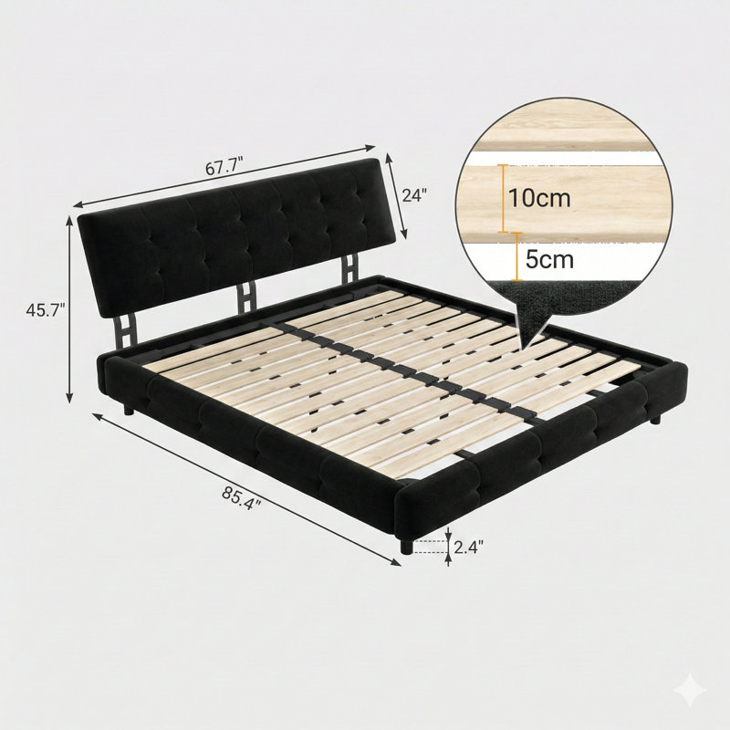 Structure de lit grand, comprenant une tête de lit surdimensionnée ultra-douce en forme de coussin «Cloud», un lit plateforme en chenille avec support de lattes en métal et en bois, solide et silencieux, dans une finition noire.