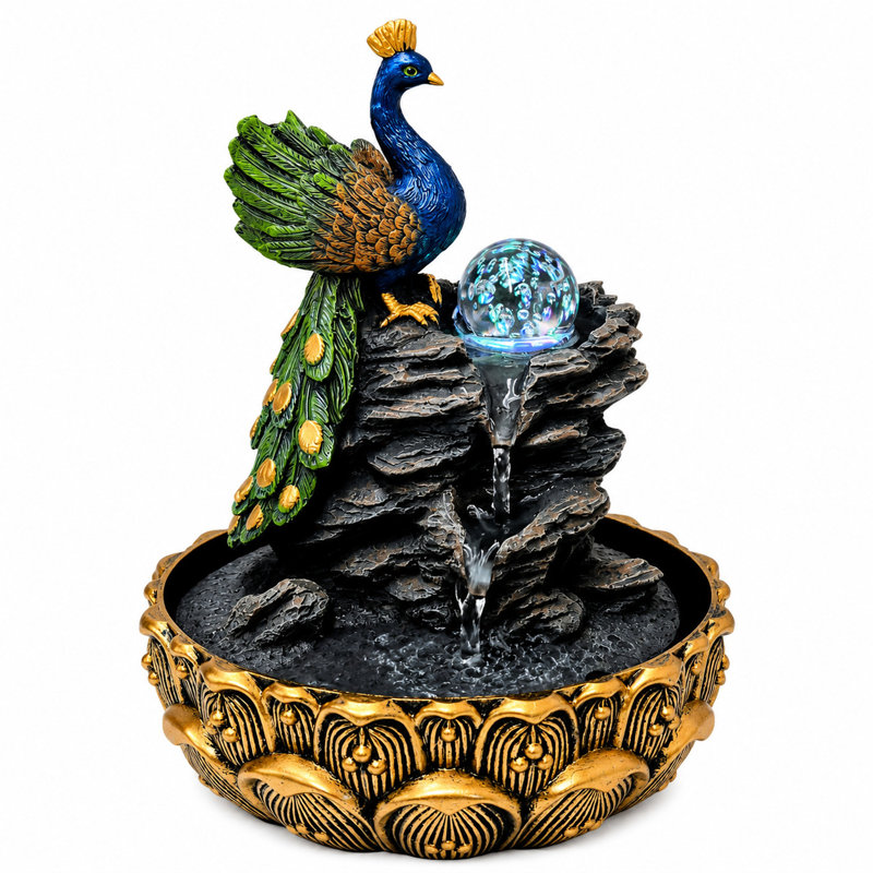 Fontaine de table en forme de sphère rougeoyante avec lumière DEL Regal Peacock Rock