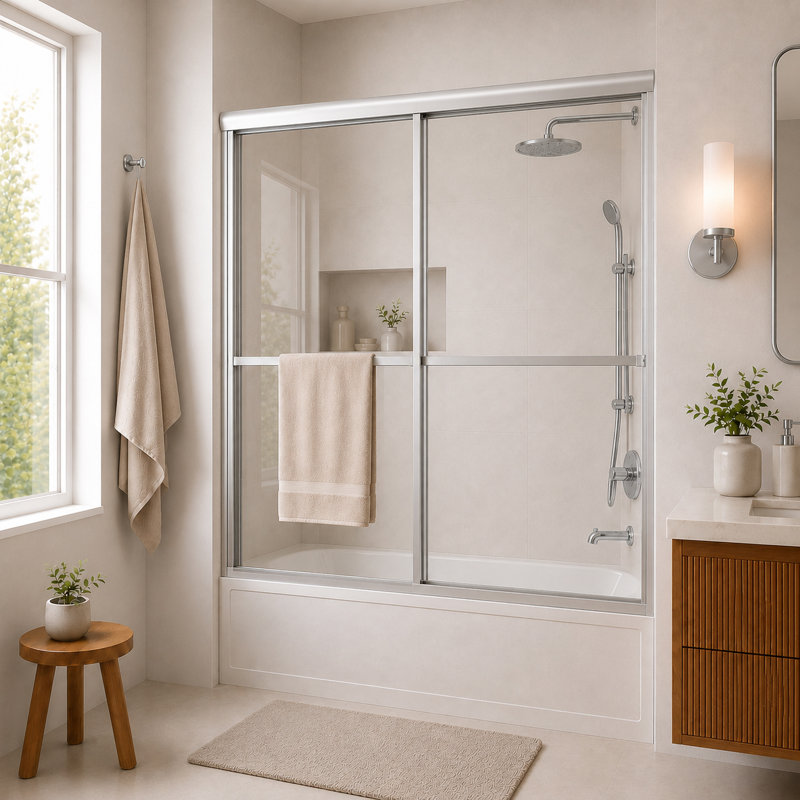 59" W x 56" H Double Sliding Semi Frameless Tub Door with Clear Glass, Silver