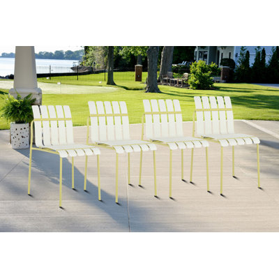 Modern Indoor/Outdoor Stackable dining chairs set of 4 with Curved Slatted Design and Powder-Coated metal Frame