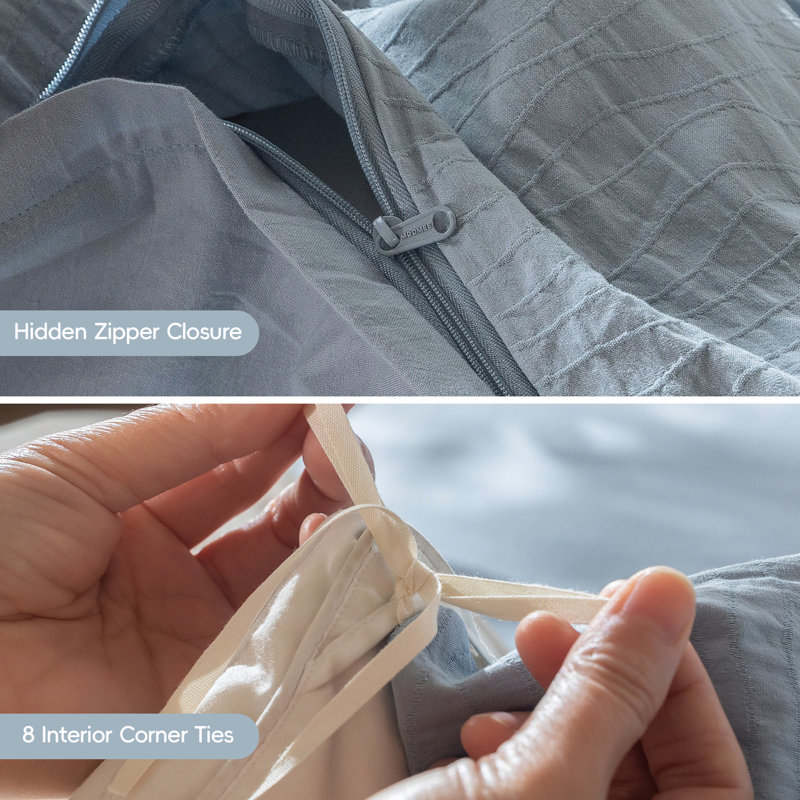 MooMee Wavy Striped Duvet Cover Set 100% Washed Cotton Linen Like Textured Breathable Lightweight, Cornflower Blue
