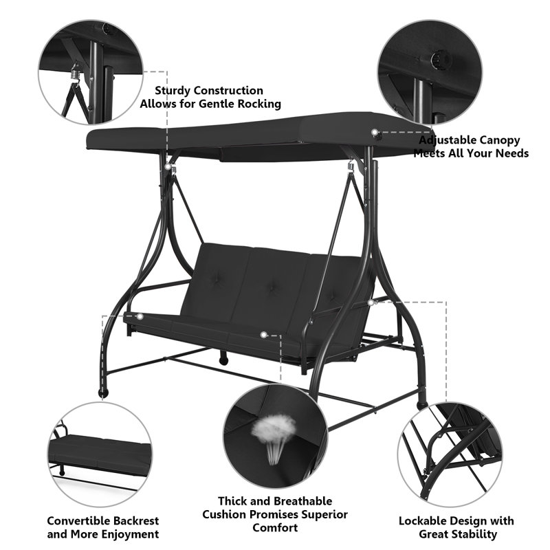 Black Adjustable Steel Frame 3-Seat Outdoor Swing with Canopy