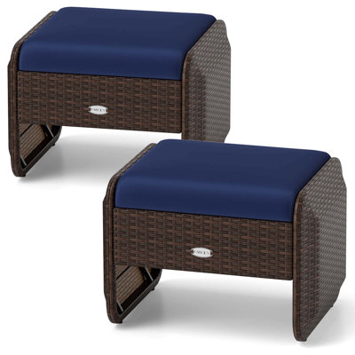 2 Pieces Outdoor Patio Pe Wicker Ottomans With Removable Cushions Footstools