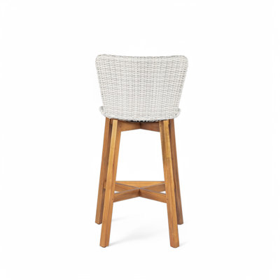 Lymington Outdoor Bar Stool, Teak Finished Wood With Light Grey Wicker, Set Of 2