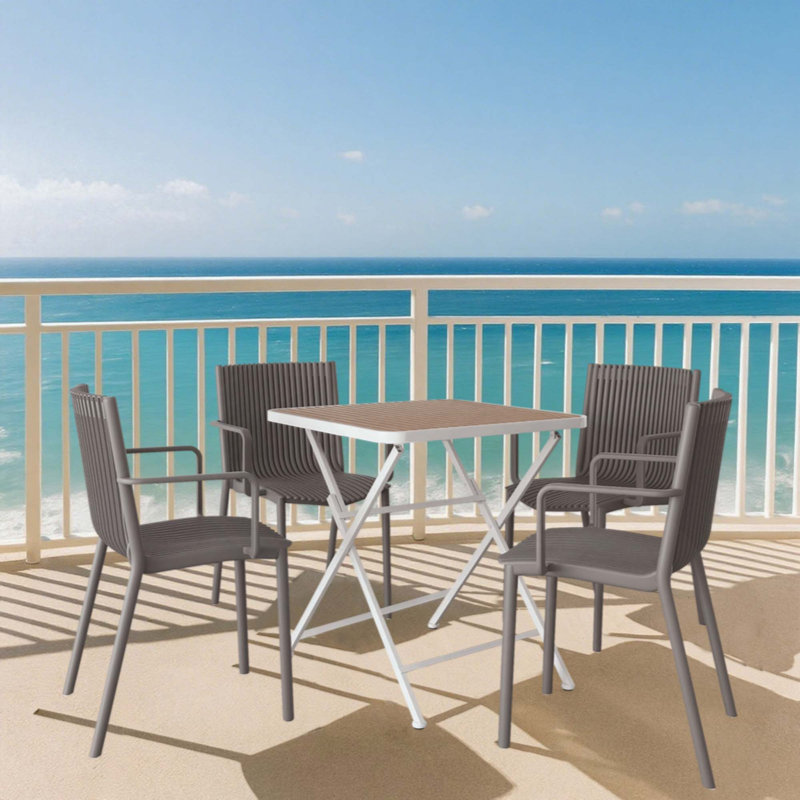 4Pcs Stackable PP Armchair For Indoor/Outdoor Use -Ergonomic Slatted Back With Modern Folding Indoor/Outdoor Multi-Functional Square Table- PP Tabletop With Metal Legs
