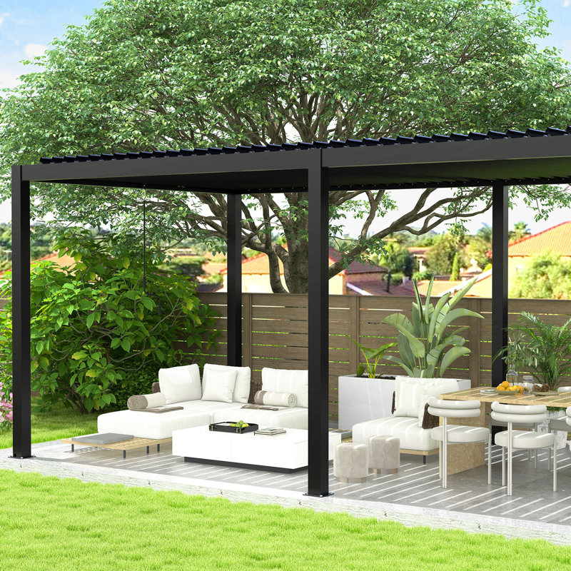 Pergola 8640e à persiennes 10 x 19 pi, structure en aluminium, acier galvanisé, contrôle du soleil et du vent, installation facile, structure thermolaquée à finition noire, climat extérieur,