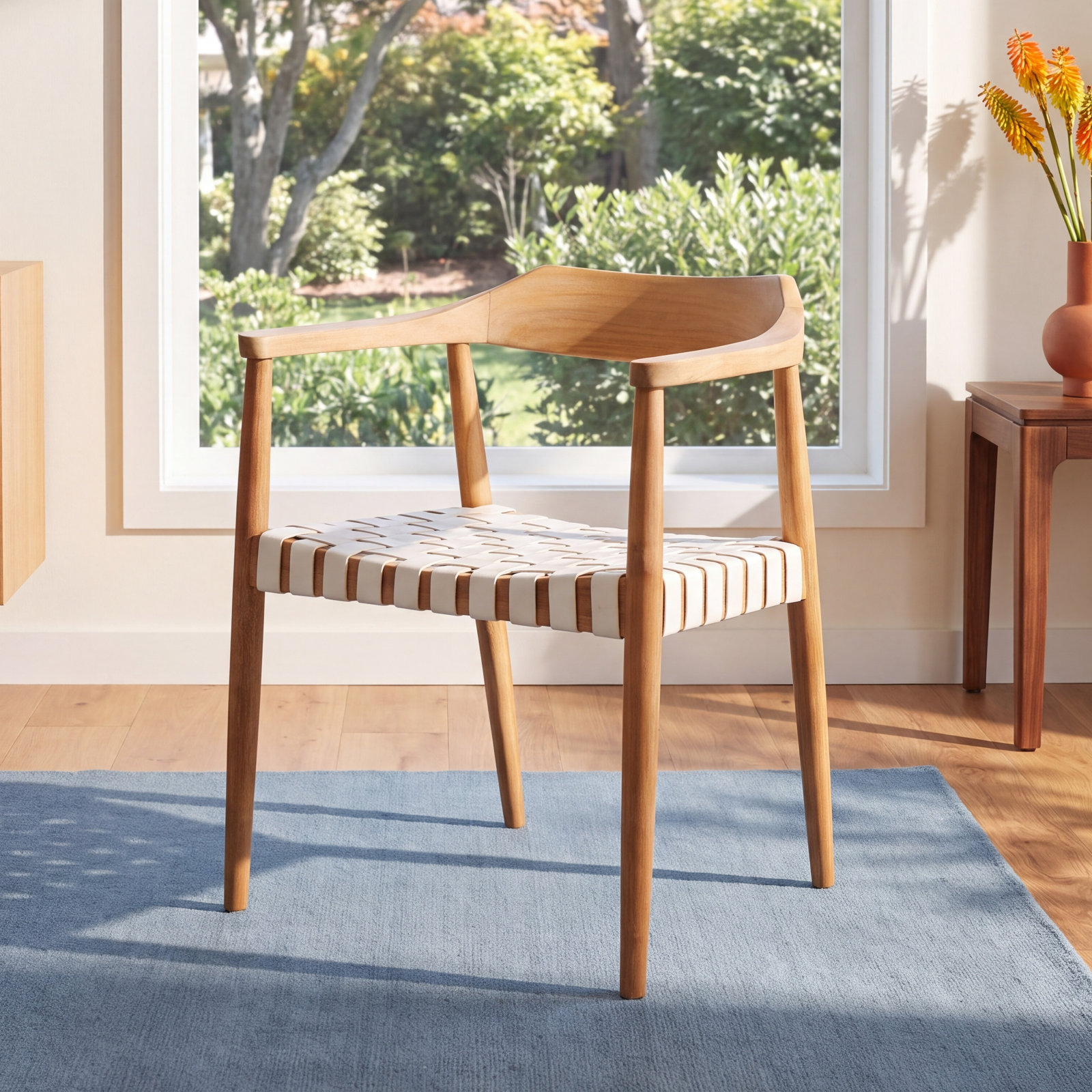 Noreen Side Chair, Natural, White Genuine Leather