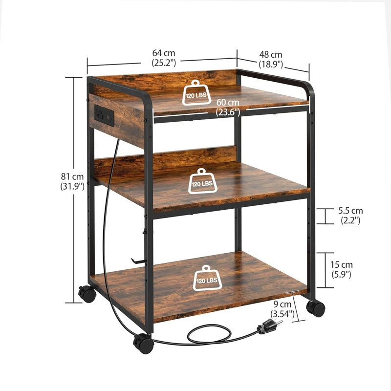3-Tier Printer Stand With Wheels, Adjustable Shelf, Power Outlet & USB Port For Home Office