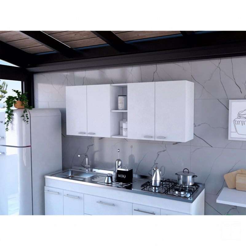 Wall Cabinet 24" H, Four Doors, Two Open Storage Shelves, Two Internal Shelves, Internal Dish And Glass Organizer, White