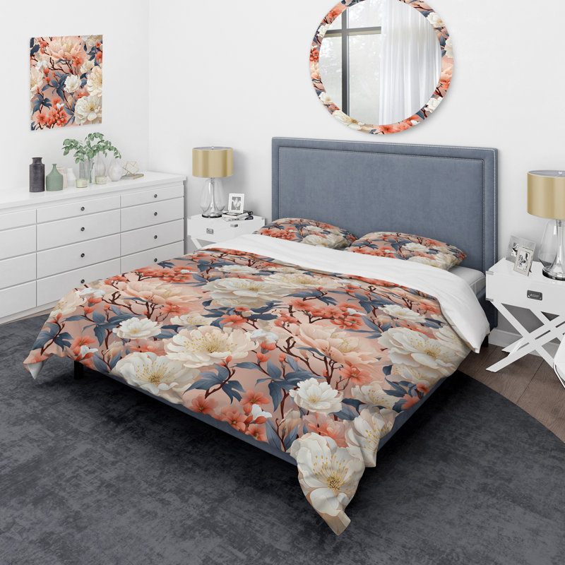 Ensemble de housse de couette à motif botanique de jardin japonais, Housse de couette pour grand lit et 2 taies décor